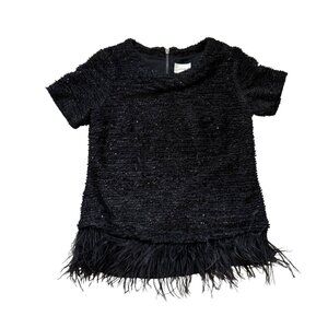 Anthropoloogie Deletta Black Textured Short Sleeve Top Feather Hem